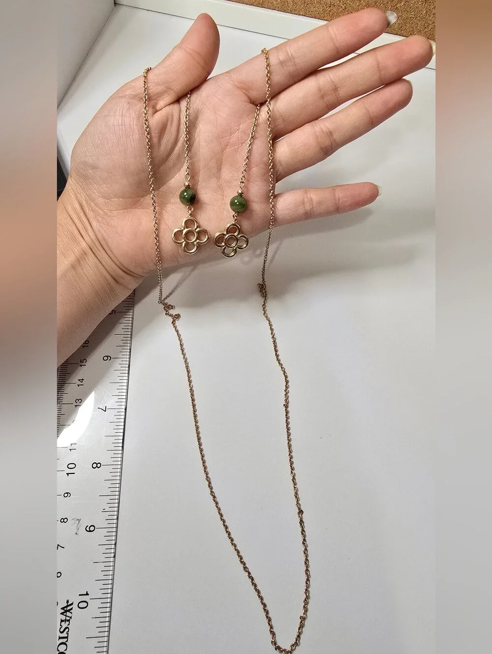 Vintage Gold Clover Jade Stone Lariat Necklace